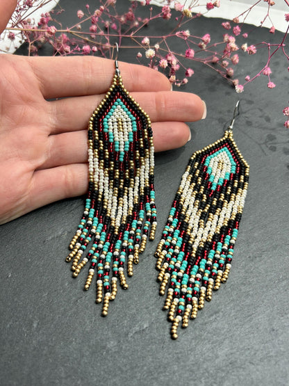 Long Native style beaded earrings with fringe in black, copper, turquoise and red. Handmade ethnic boho jewelry that adds movement and unique style image 6