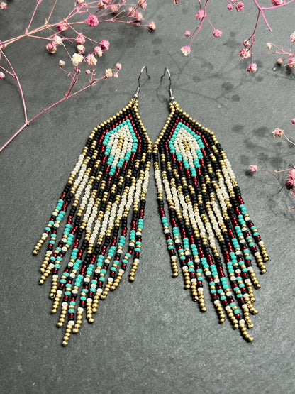 Long Native style beaded earrings with fringe in black, copper, turquoise and red. Handmade ethnic boho jewelry that adds movement and unique style image 1
