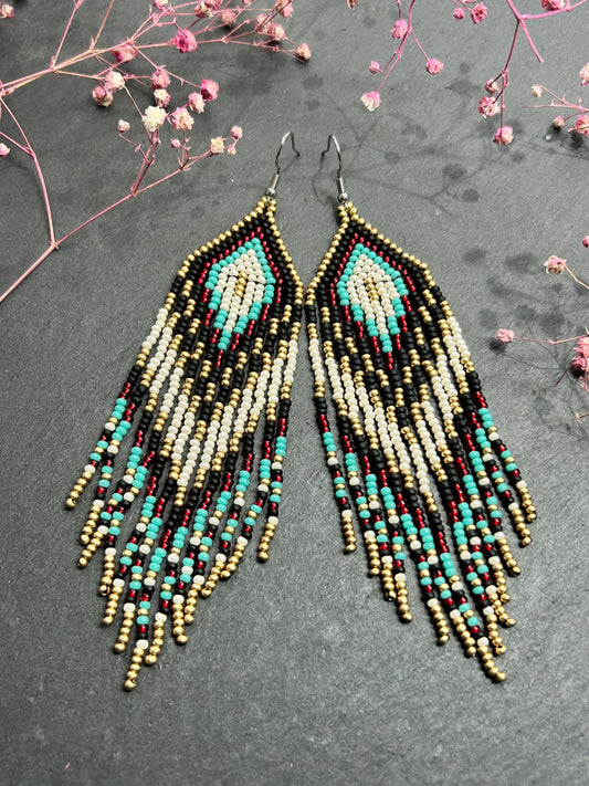 Long Native style beaded earrings with fringe in black, copper, turquoise and red. Handmade ethnic boho jewelry that adds movement and unique style image 1