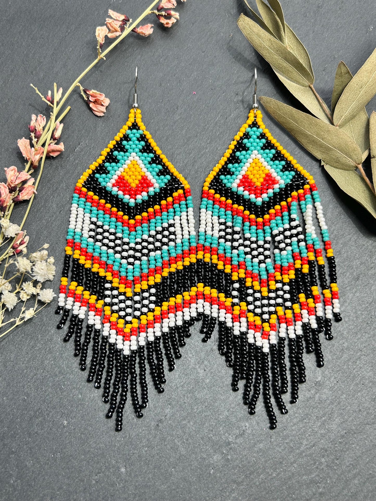 Bright handmade beaded fringe earrings in black, white, turquoise, red and orange with Native American motif. Statement boho earrings for women, perfect gift image 8