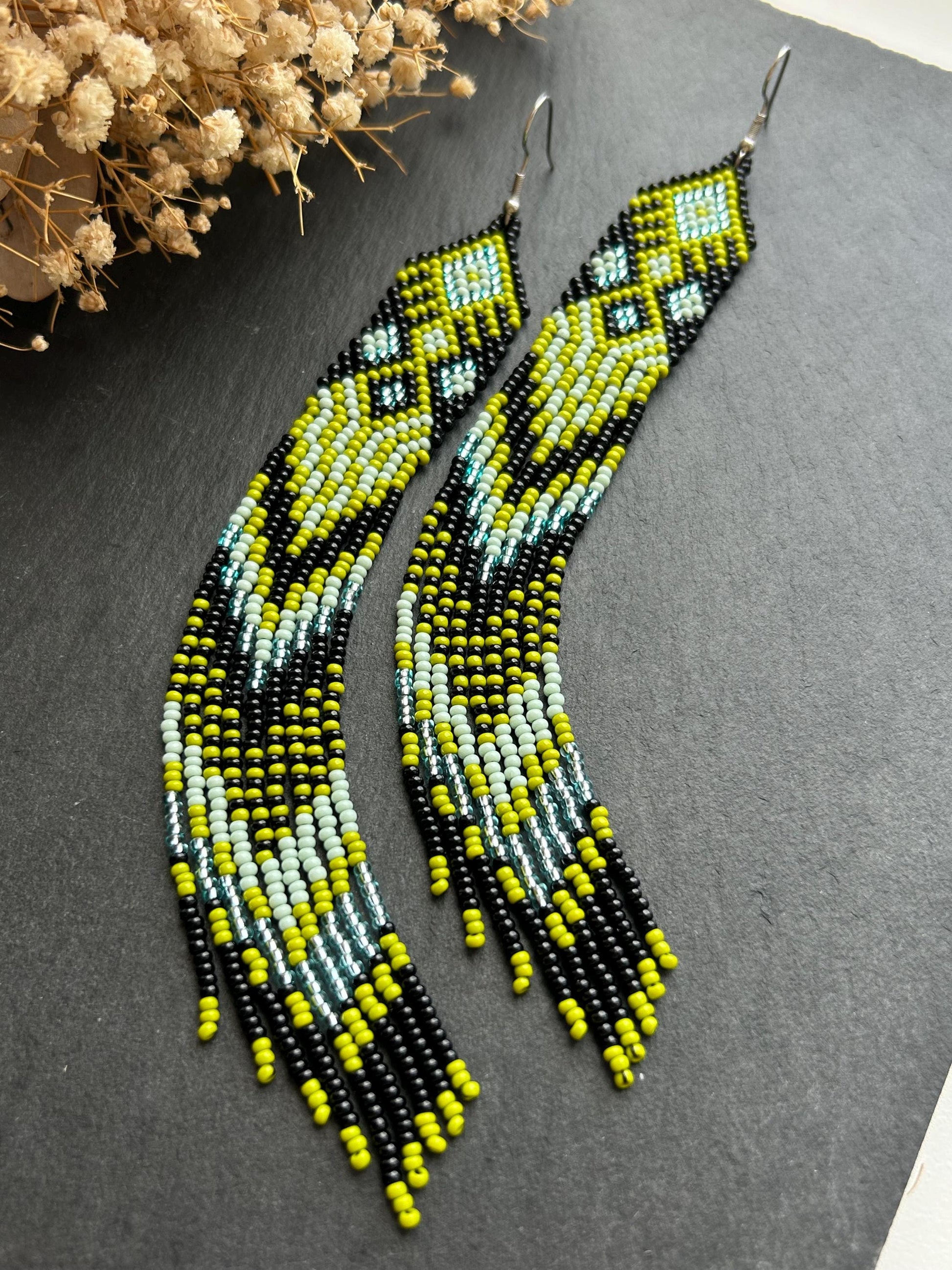 Long black, green, and mint green beaded earrings with Native American ethnic design and fringe. Handmade boho earrings for women, unique earrings for women image 7