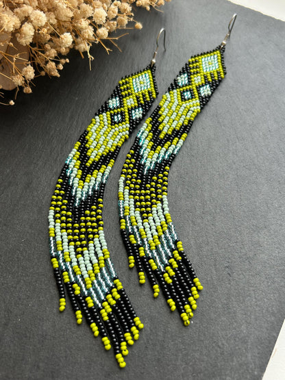Long black, green, and mint green beaded earrings with Native American ethnic design and fringe. Handmade boho earrings for women, unique earrings for women image 7