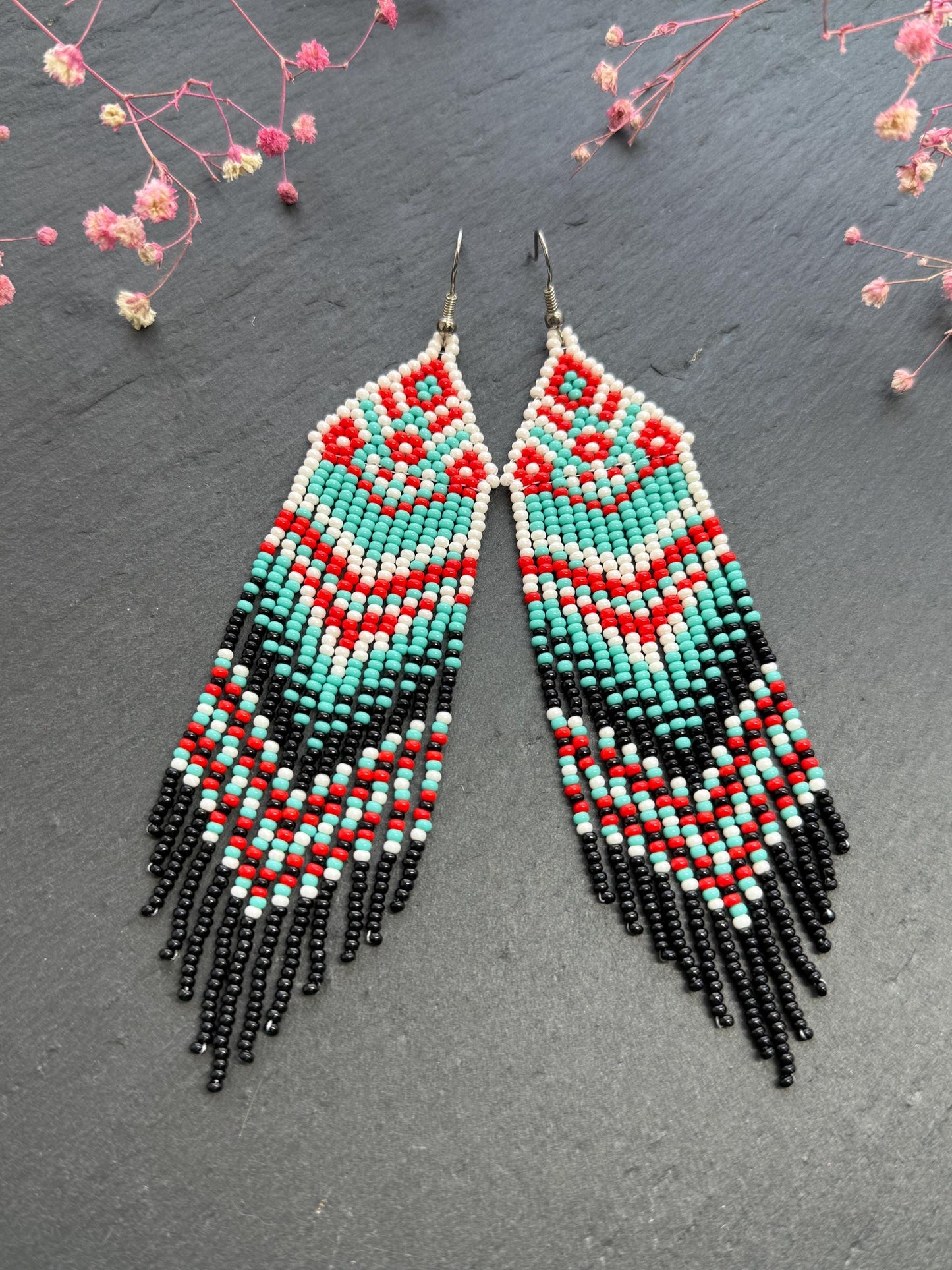 Handmade long bright beaded fringe earrings in red, black and turquoise. Native American motif, boho statement dangle earrings for women, unique gift for her image 7