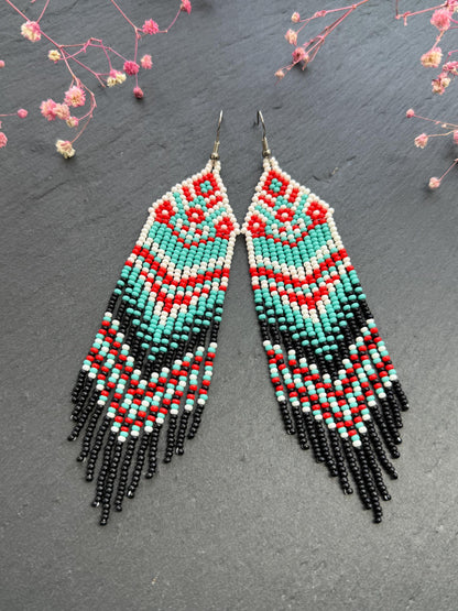 Handmade long bright beaded fringe earrings in red, black and turquoise. Native American motif, boho statement dangle earrings for women, unique gift for her image 7