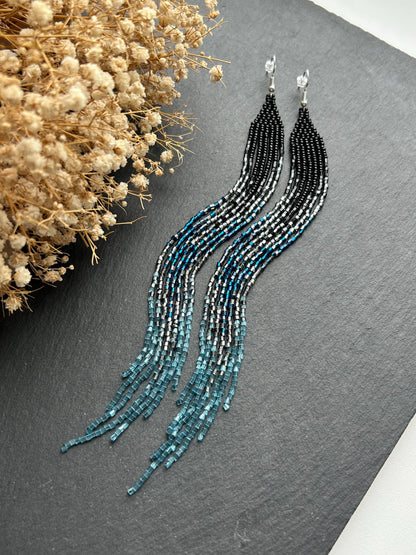 Long handmade black beaded earrings with blue gray ombre and flowing fringe. Boho statement jewelry, unique accessory for elegant style image 1