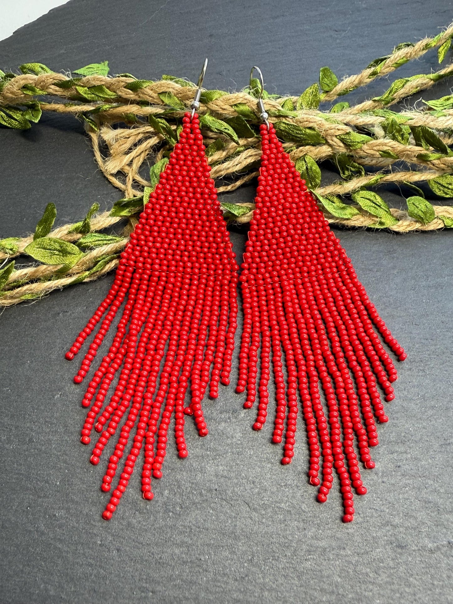 Unique handmade long red beaded dangle earrings with fringe in bright boho style. Modern statement jewelry for women, perfect gift for her imade 1