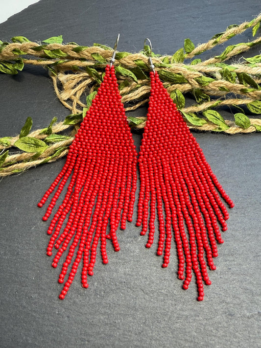 Unique handmade long red beaded dangle earrings with fringe in bright boho style. Modern statement jewelry for women, perfect gift for her imade 1