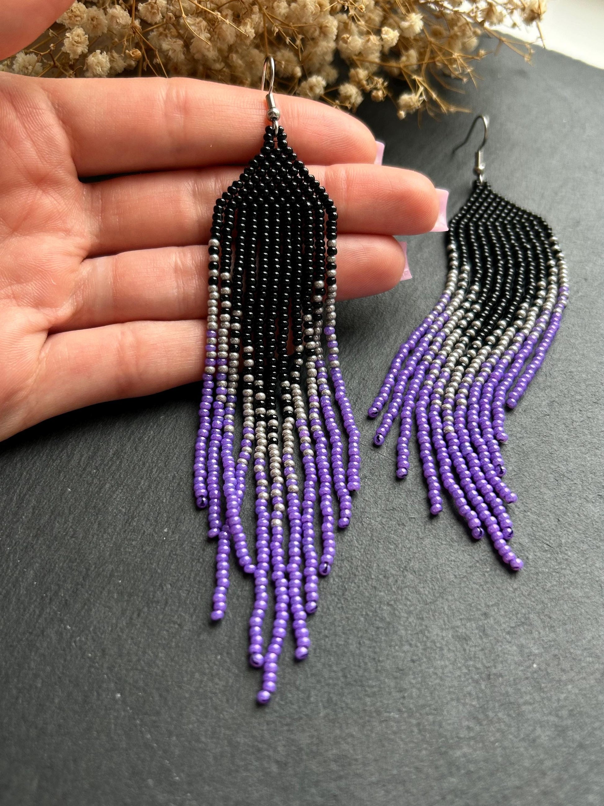 Long handmade black earrings with purple ombre and flowing fringe. Unique boho statement jewelry with elegant design, perfect gift for handmade jewelry lovers image 5