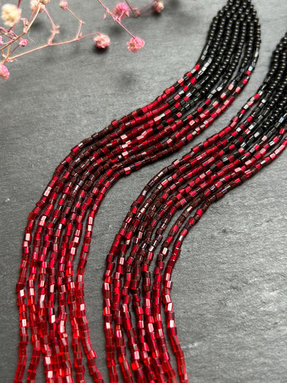 Long handmade black and red ombre beaded earrings with flowing fringe. Boho statement jewelry, unique artisanal accessory for bold everyday or evening style image 6