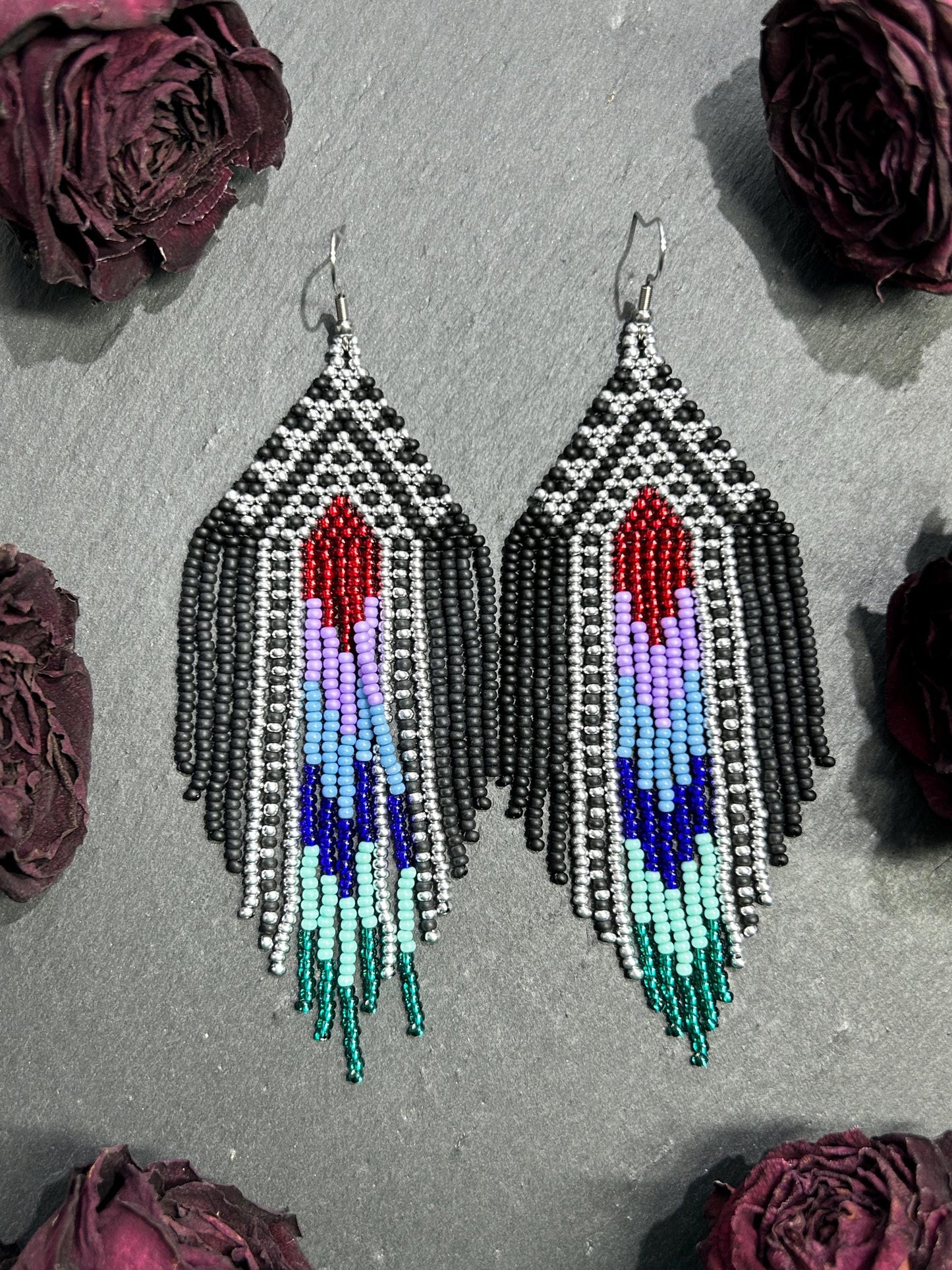 Handmade long black beaded earrings with silver, red, purple and green accents in Native American style. Bright statement boho fringe earrings, perfect gift for women image 9