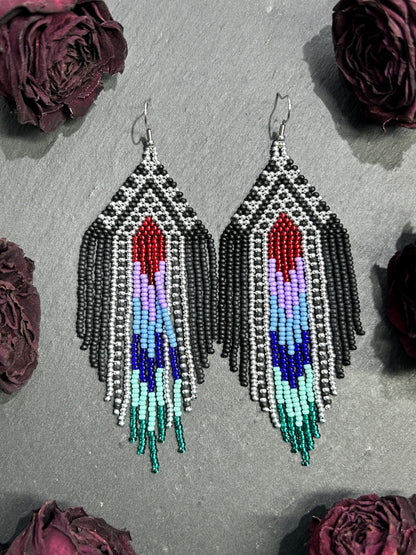 Handmade long black beaded earrings with silver, red, purple and green accents in Native American style. Bright statement boho fringe earrings, perfect gift for women image 9