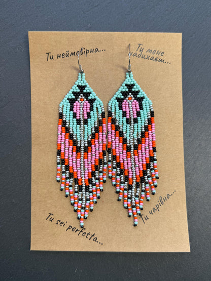 Handmade long beaded boho earrings in turquoise, black, silver, pink, and orange. Geometric design with elegant fringe, lightweight statement jewelry for any occasion  image 6