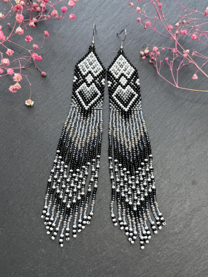 Long black and gray beaded fringe earrings in Native American style. Handmade statement earrings for women, unique ethnic design and perfect gift image 2