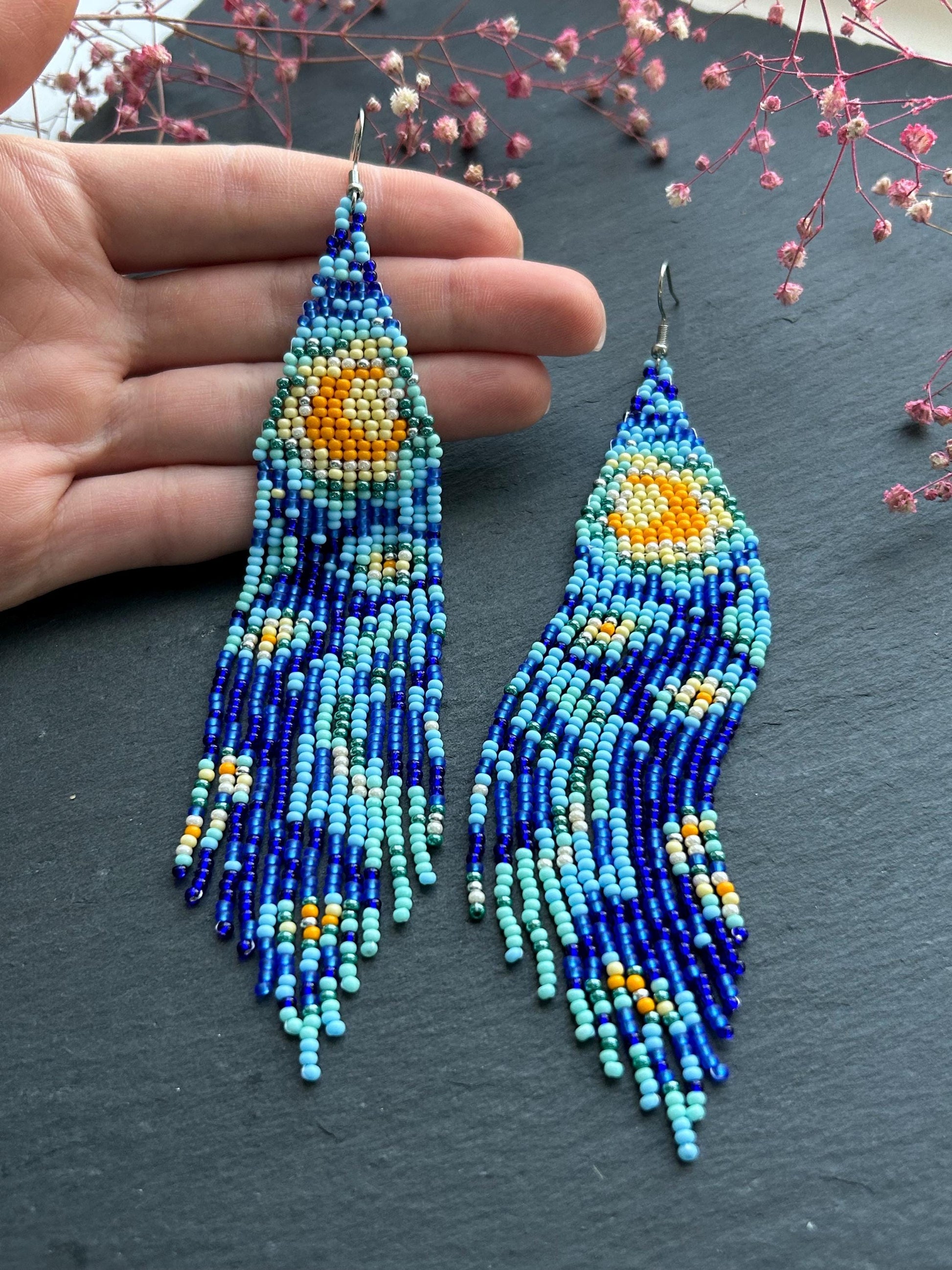 Long handmade “Starry Night” earrings with blue, yellow, and turquoise beads. Unique Boho statement jewelry inspired by Van Gogh, perfect for creative and artistic style image 5