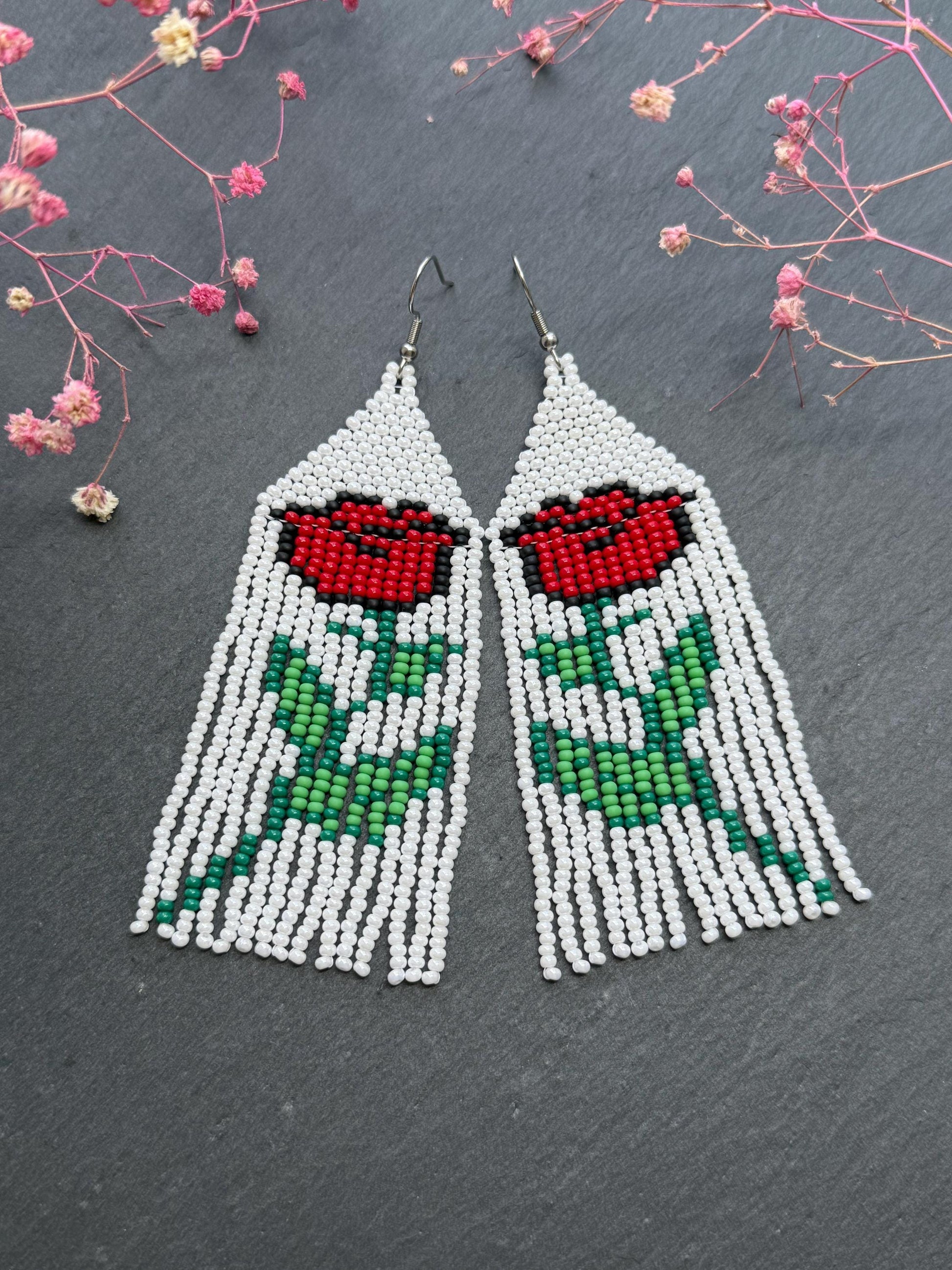 Unique long white beaded earrings with bright red rose and boho fringe. Handmade modern statement earrings for women, perfect gift for her image 6