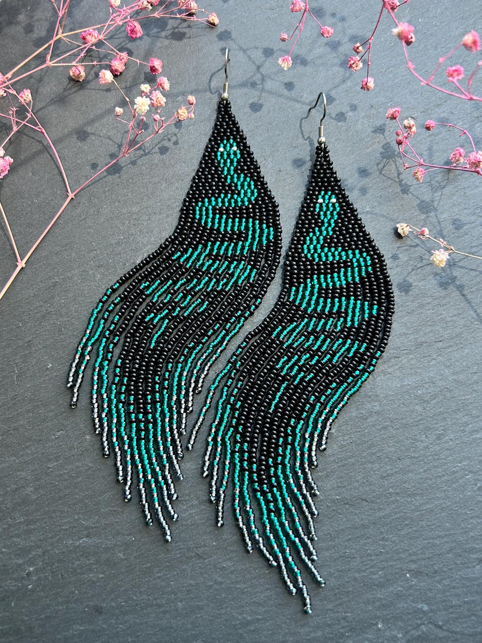 Handmade long beaded earrings with green snake design in boho style. Unique statement jewelry with fringe, perfect gift and standout accessory for any look image 7
