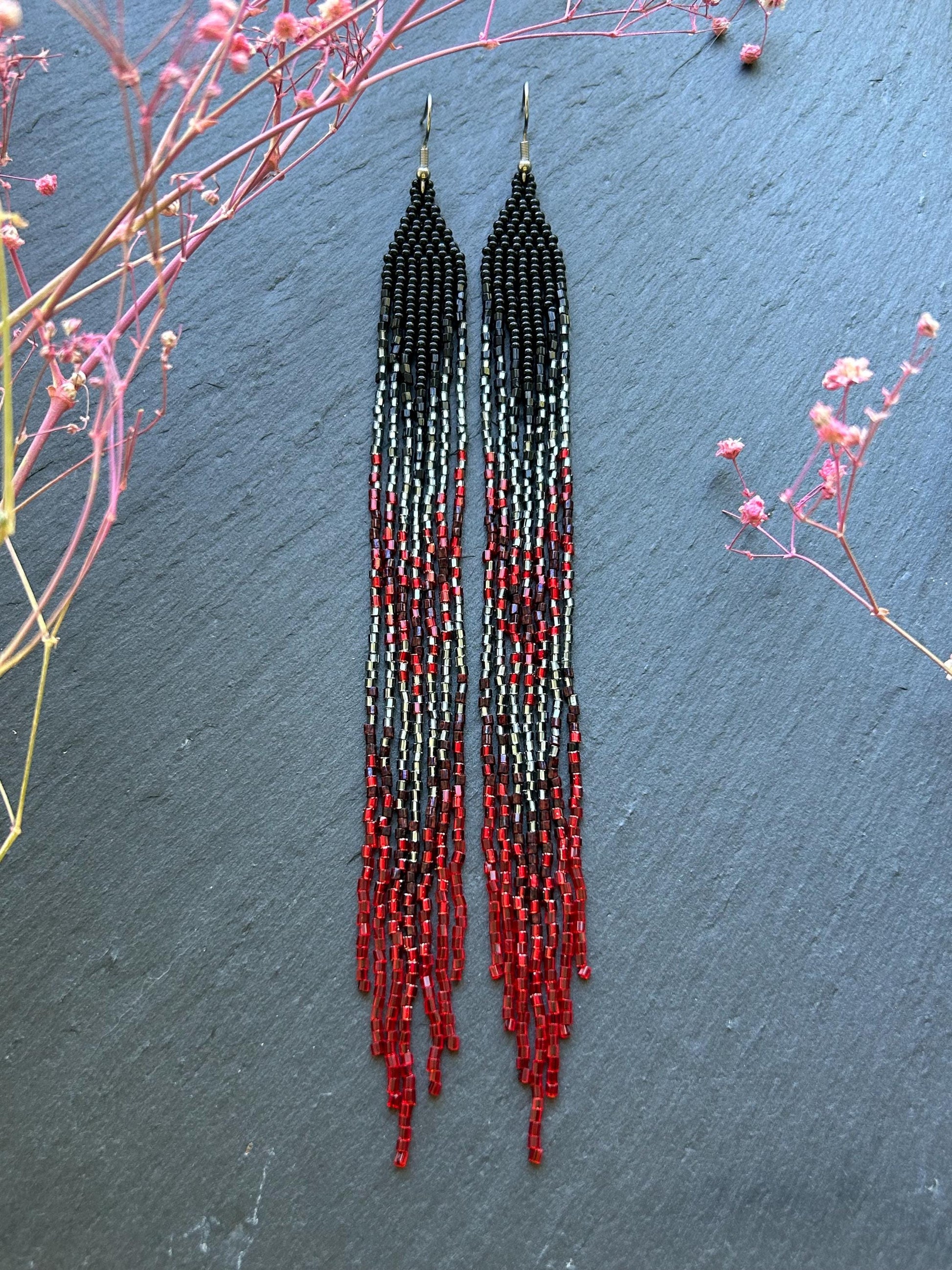 Handmade long beaded earrings in black, gray, and red ombre with flowing fringe. Boho statement jewelry, unique gift for lovers of artisan style image 3