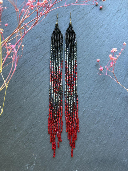 Handmade long beaded earrings in black, gray, and red ombre with flowing fringe. Boho statement jewelry, unique gift for lovers of artisan style image 3