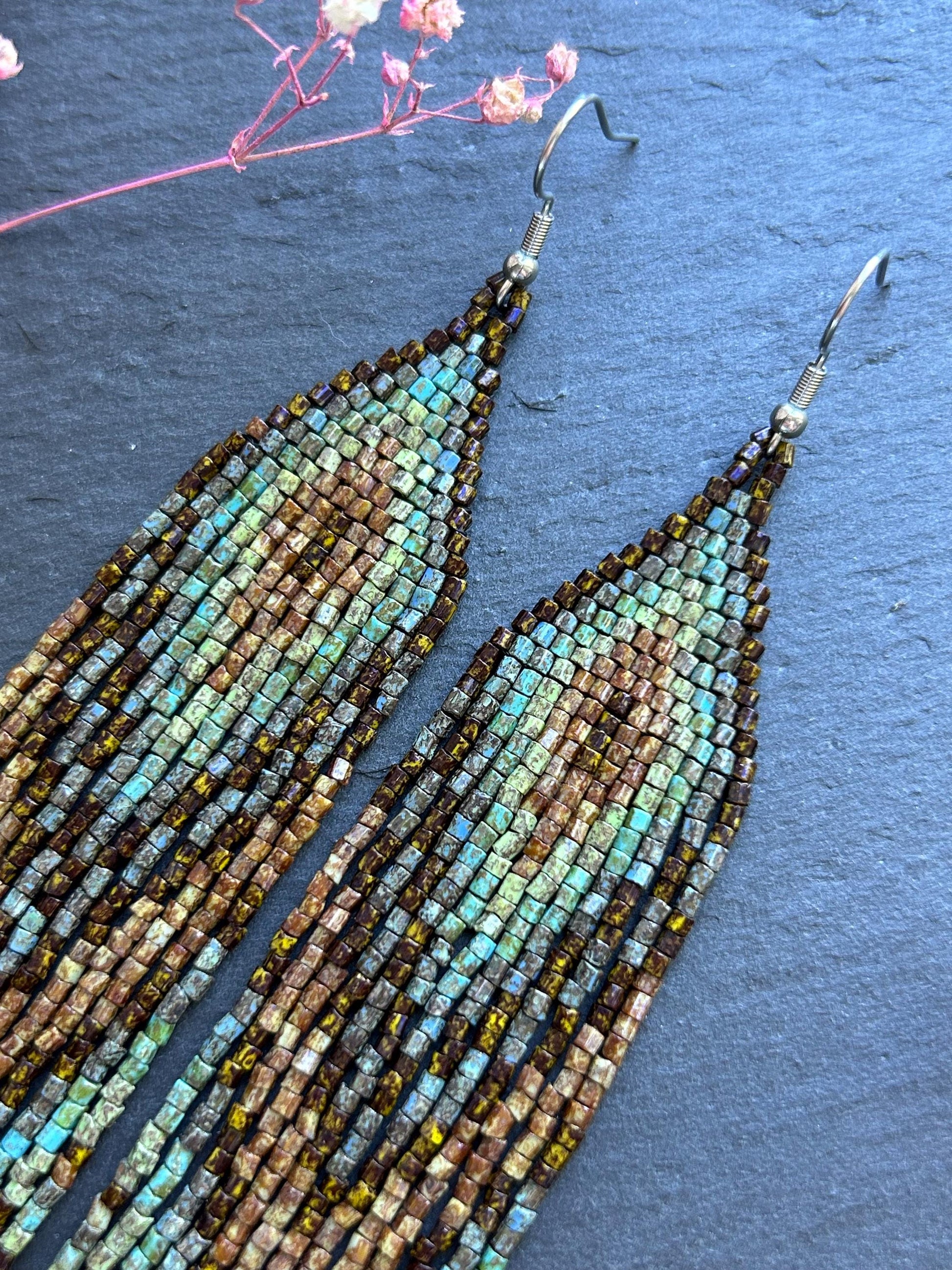 Handmade long beaded earrings in turquoise, green, and brown with fringe. Native American boho statement jewelry, unique artisanal accessory and perfect gift image 5
