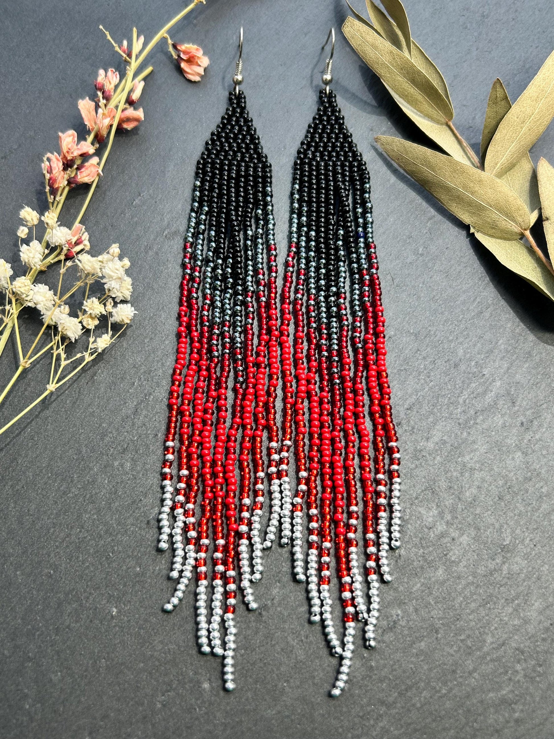 Long black and red ombre handmade beaded earrings with flowing fringe. Unique boho statement jewelry, perfect gift for women image 8