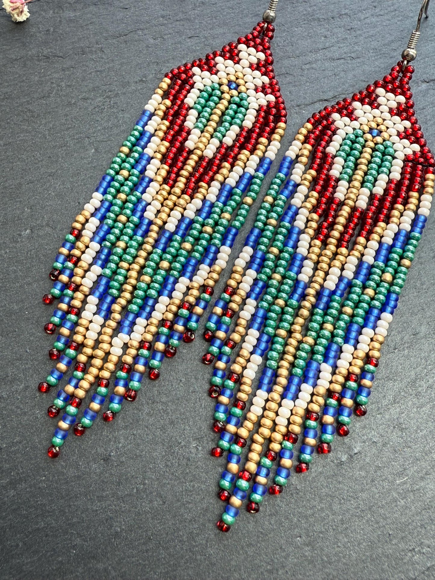 Unique handmade long beaded boho earrings in red, green, copper, blue, and beige. Native American statement earrings for women, unique gift for her image 5