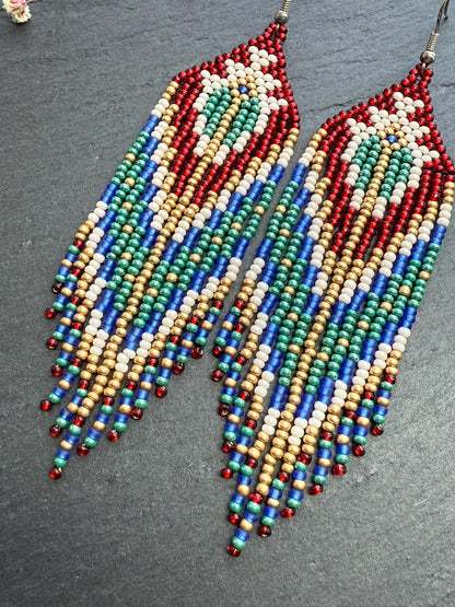 Unique handmade long beaded boho earrings in red, green, copper, blue, and beige. Native American statement earrings for women, unique gift for her image 5