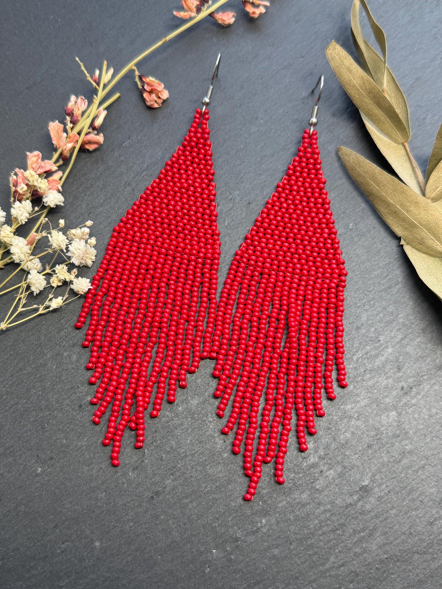 Unique handmade long red beaded dangle earrings with fringe in bright boho style. Modern statement jewelry for women, perfect gift for her imade 8