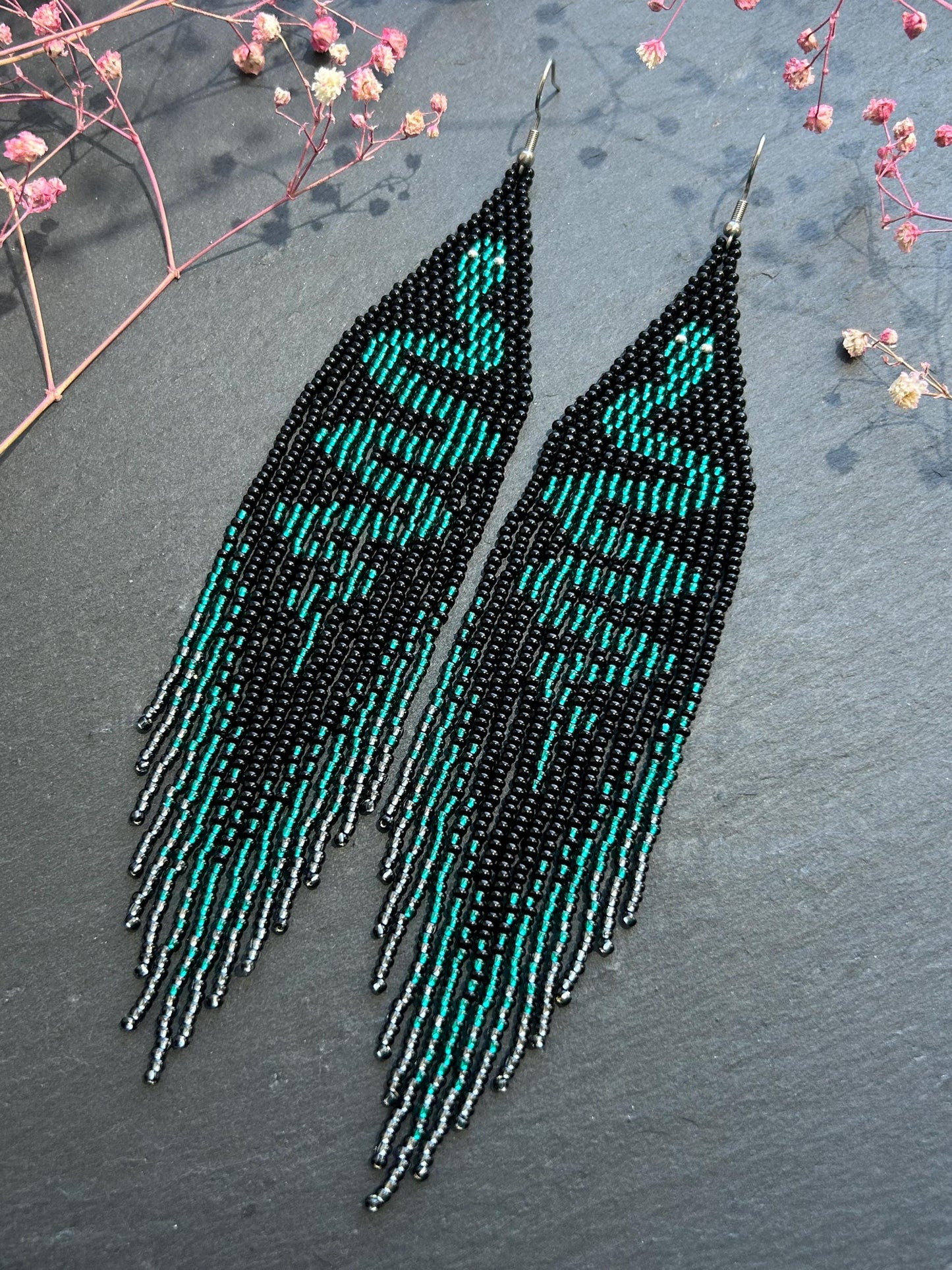 Handmade long beaded earrings with green snake design in boho style. Unique statement jewelry with fringe, perfect gift and standout accessory for any look image 3