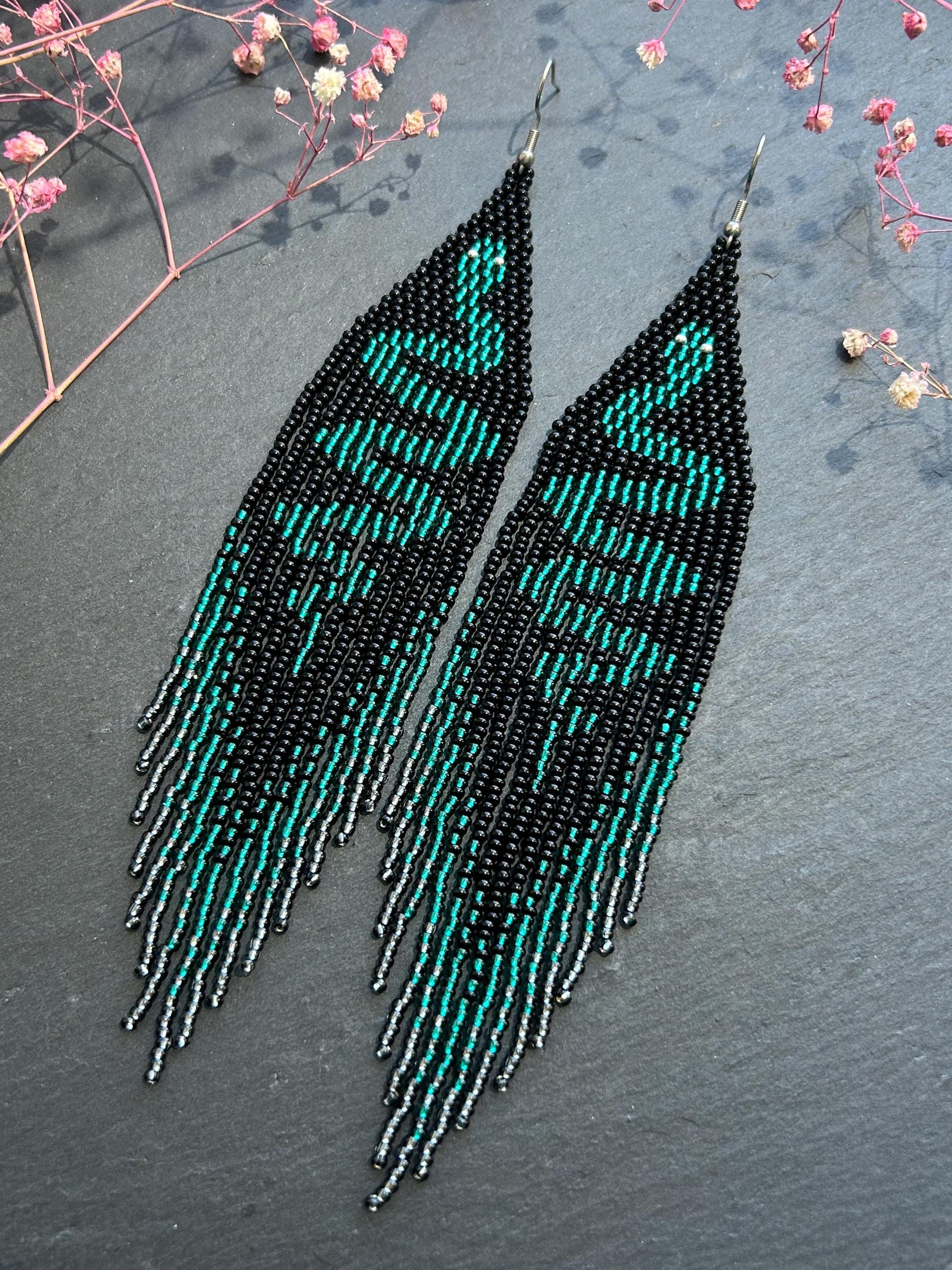 Handmade long beaded earrings with green snake design in boho style. Unique statement jewelry with fringe, perfect gift and standout accessory for any look image 3
