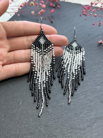 Handmade long black and white beaded fringe earrings in Native American boho style. Statement earrings for women, unique beadwork ethnic design image 5