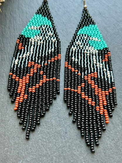 Long black beaded fringe earrings featuring gray raven and moon, handmade boho jewelry, perfect unique statement accessory image 5