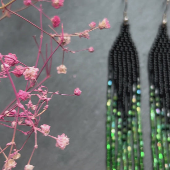 Handmade long black and green beaded earrings with ombre effect and fringe. Unique boho statement earrings for women, vibrant, stylish, and perfect gift video 1