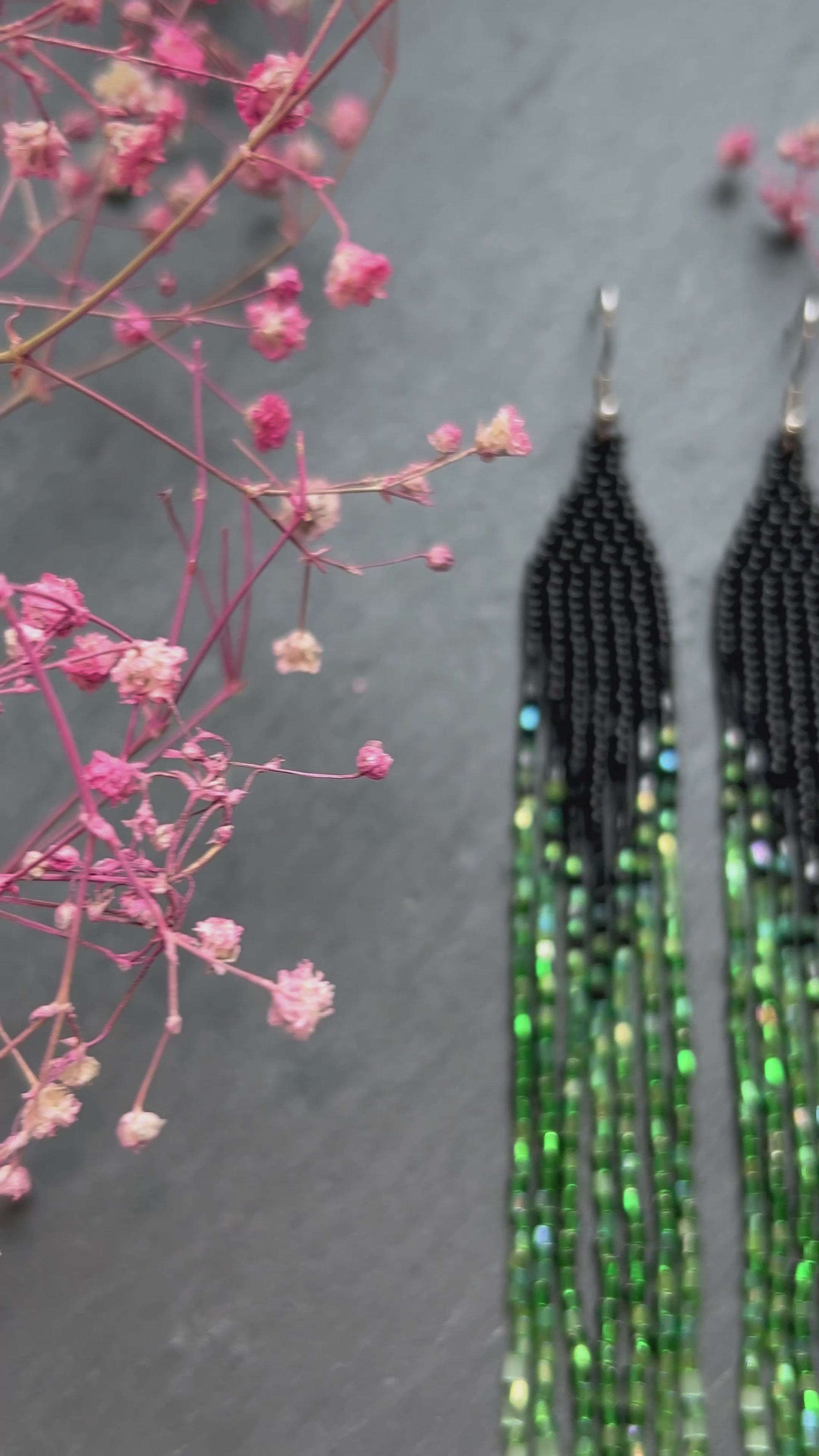 Handmade long black and green beaded earrings with ombre effect and fringe. Unique boho statement earrings for women, vibrant, stylish, and perfect gift video 1