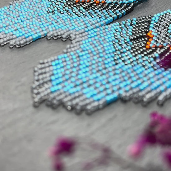 Handmade boho blue and gray beaded earrings with movable fringe. Unique bright statement jewelry with Native American-inspired design and artistic beadwork video 1