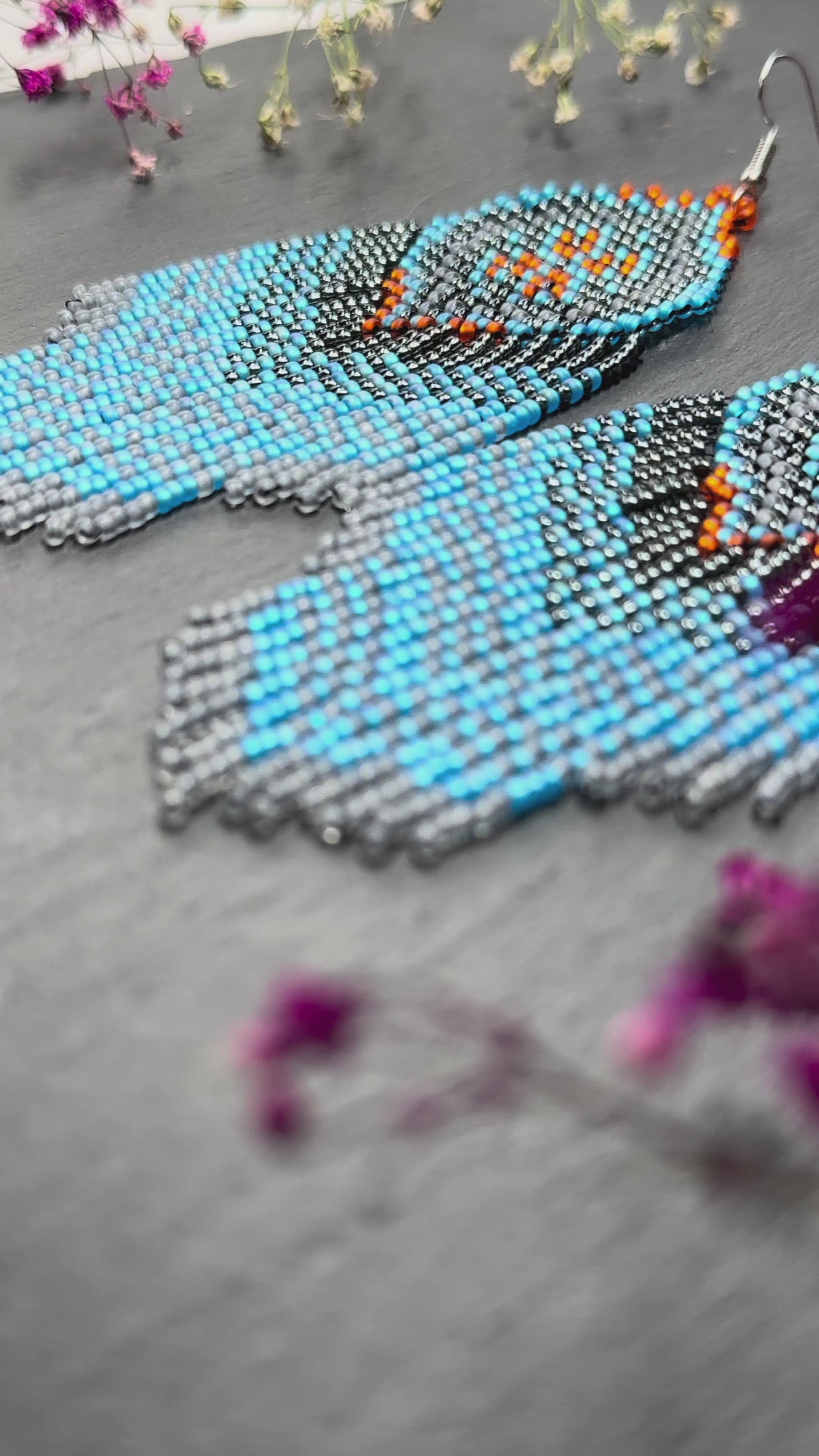Handmade boho blue and gray beaded earrings with movable fringe. Unique bright statement jewelry with Native American-inspired design and artistic beadwork video 1