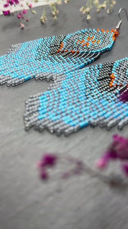 Handmade boho blue and gray beaded earrings with movable fringe. Unique bright statement jewelry with Native American-inspired design and artistic beadwork video 1