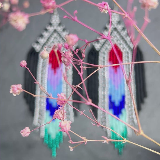 Handmade long black beaded earrings with silver, red, purple and green accents in Native American style. Bright statement boho fringe earrings, perfect gift for women video 1