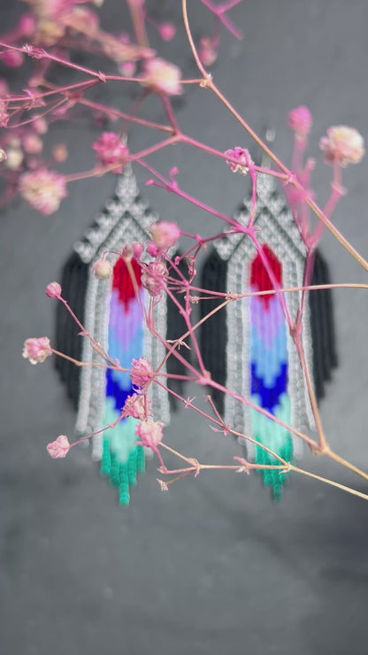 Handmade long black beaded earrings with silver, red, purple and green accents in Native American style. Bright statement boho fringe earrings, perfect gift for women video 1