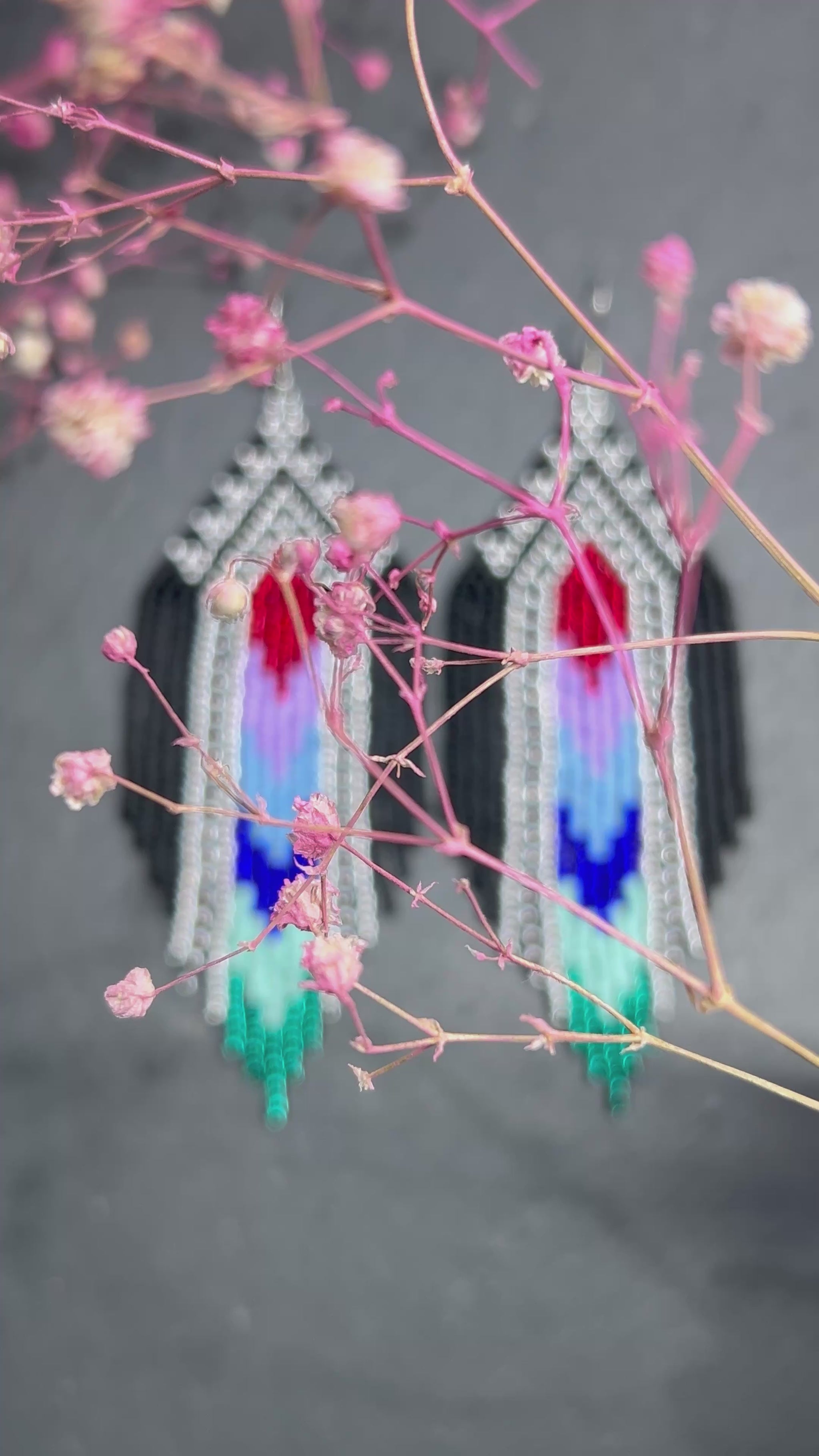Handmade long black beaded earrings with silver, red, purple and green accents in Native American style. Bright statement boho fringe earrings, perfect gift for women video 1