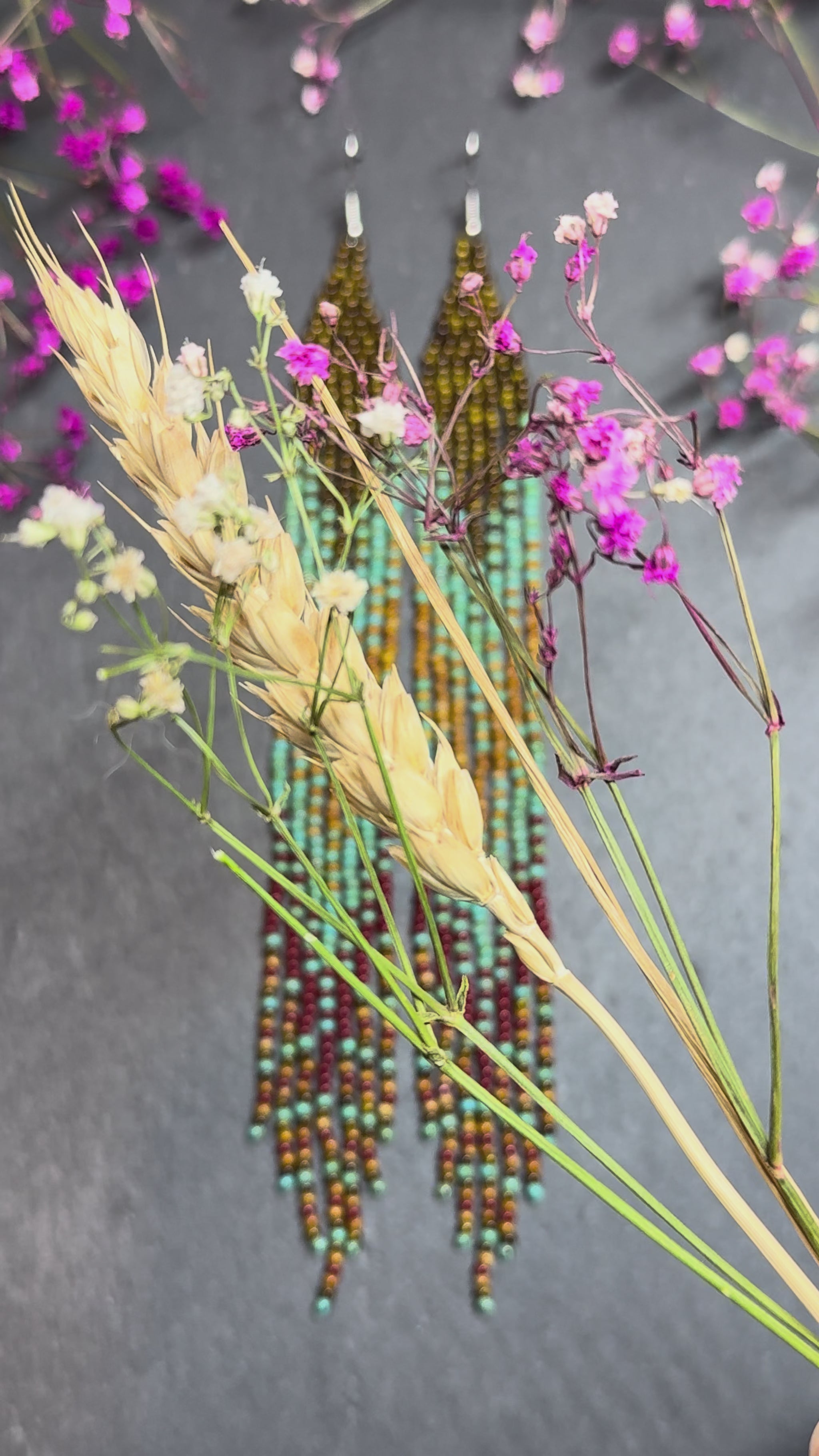 Long beaded earrings in turquoise, green, brown and burgundy with fringe. Unique handmade boho and Native statement earrings for women, perfect gift for her video 1
