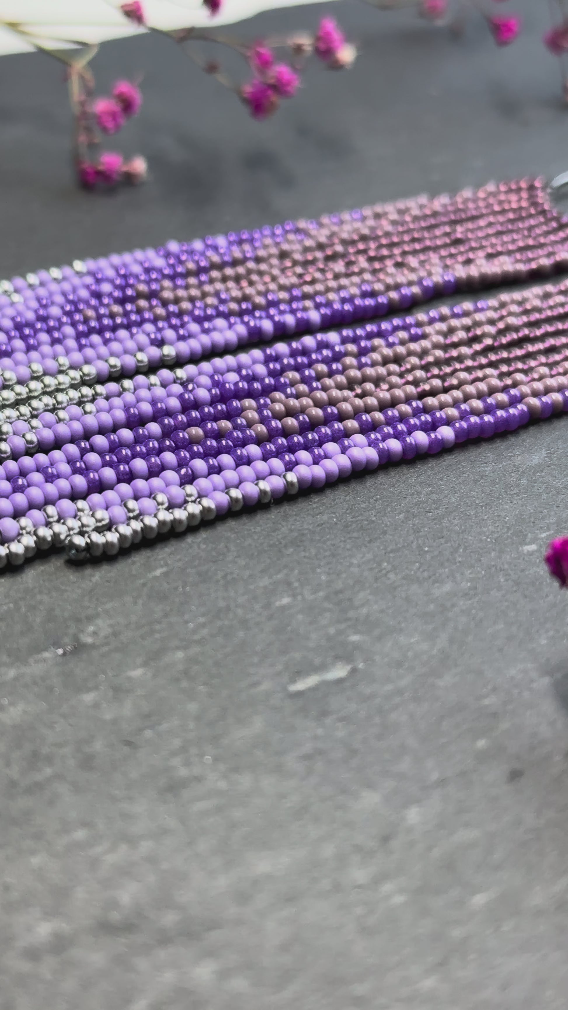 Long purple and silver beaded fringe earrings on hoop base with 925 sterling silver hooks. Handmade statement earrings fringe and gradient design boho jewelry video 1
