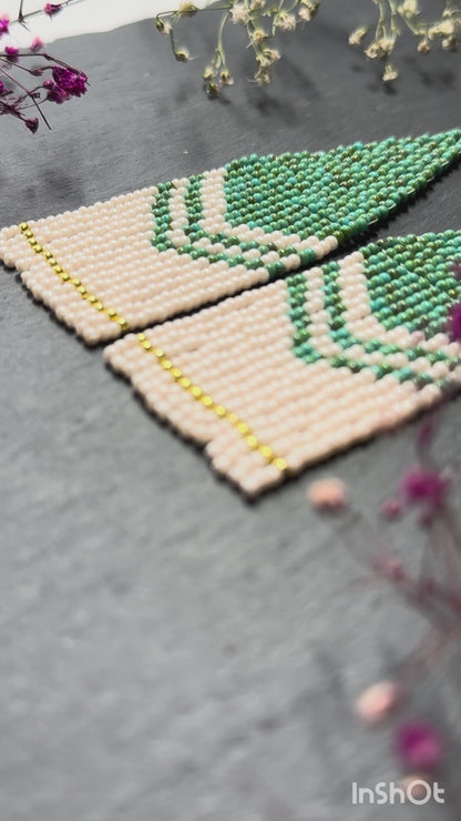 Handmade long turquoise and beige beaded boho earrings with fringe and silver accents. Unique native-style statement jewelry, cute bright earrings for women video 1