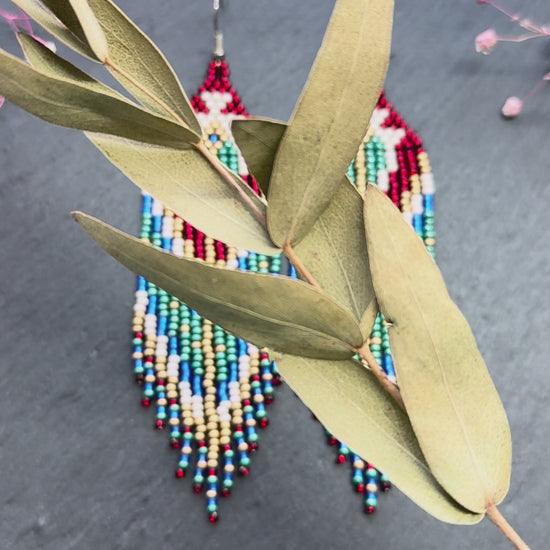 Unique handmade long beaded boho earrings in red, green, copper, blue, and beige. Native American statement earrings for women, unique gift for her video 1