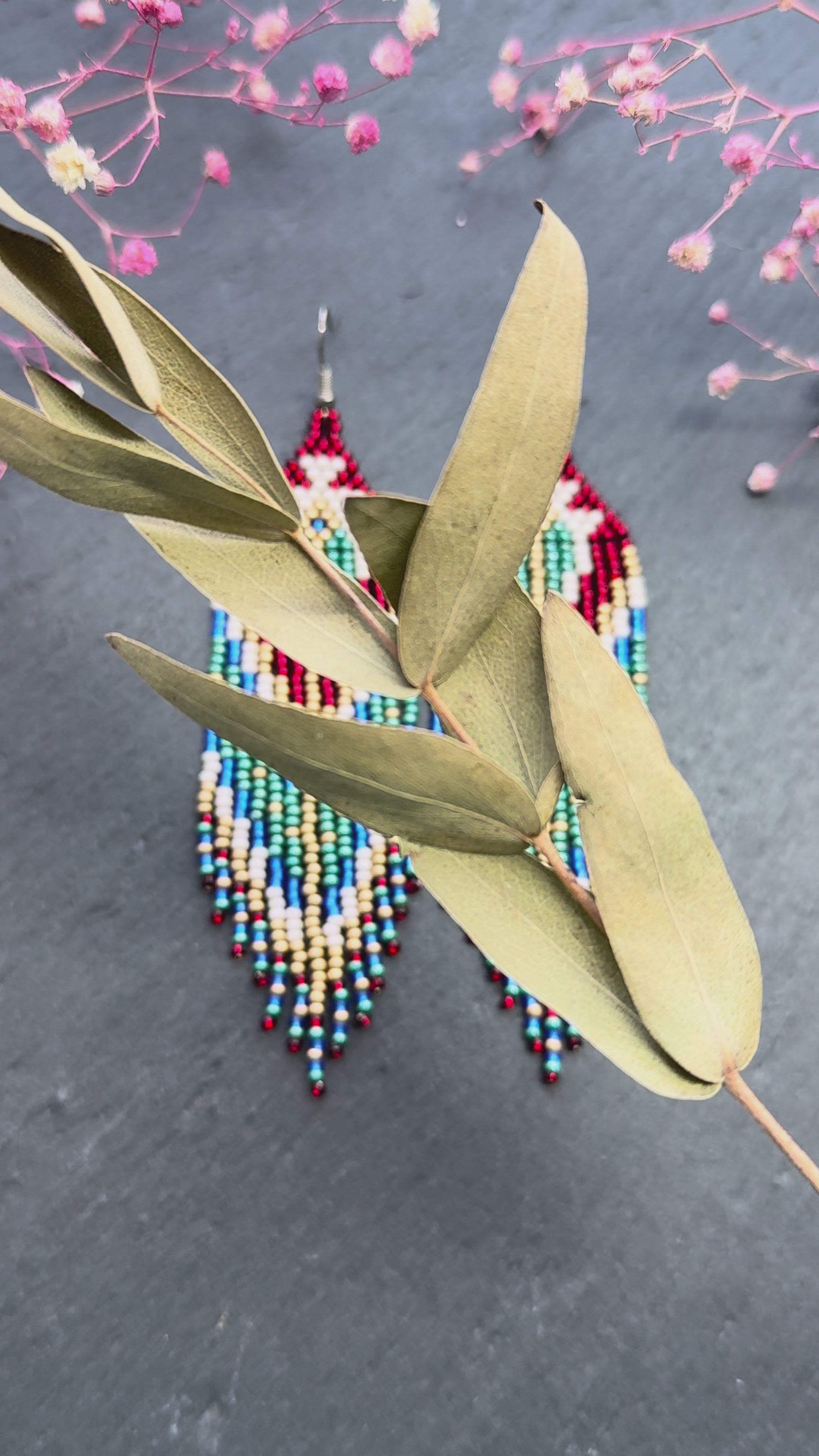 Unique handmade long beaded boho earrings in red, green, copper, blue, and beige. Native American statement earrings for women, unique gift for her video 1