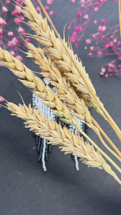 Handmade long black and white beaded fringe earrings in Native American boho style. Statement earrings for women, unique beadwork ethnic design video 1