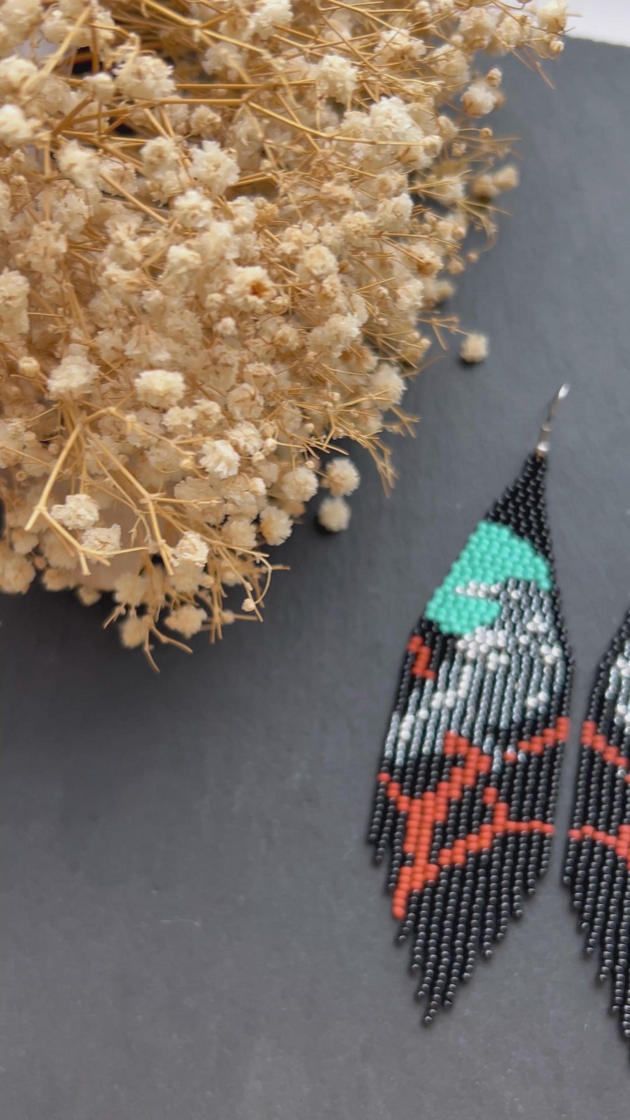 Long black beaded fringe earrings featuring gray raven and moon, handmade boho jewelry, perfect unique statement accessory video 1