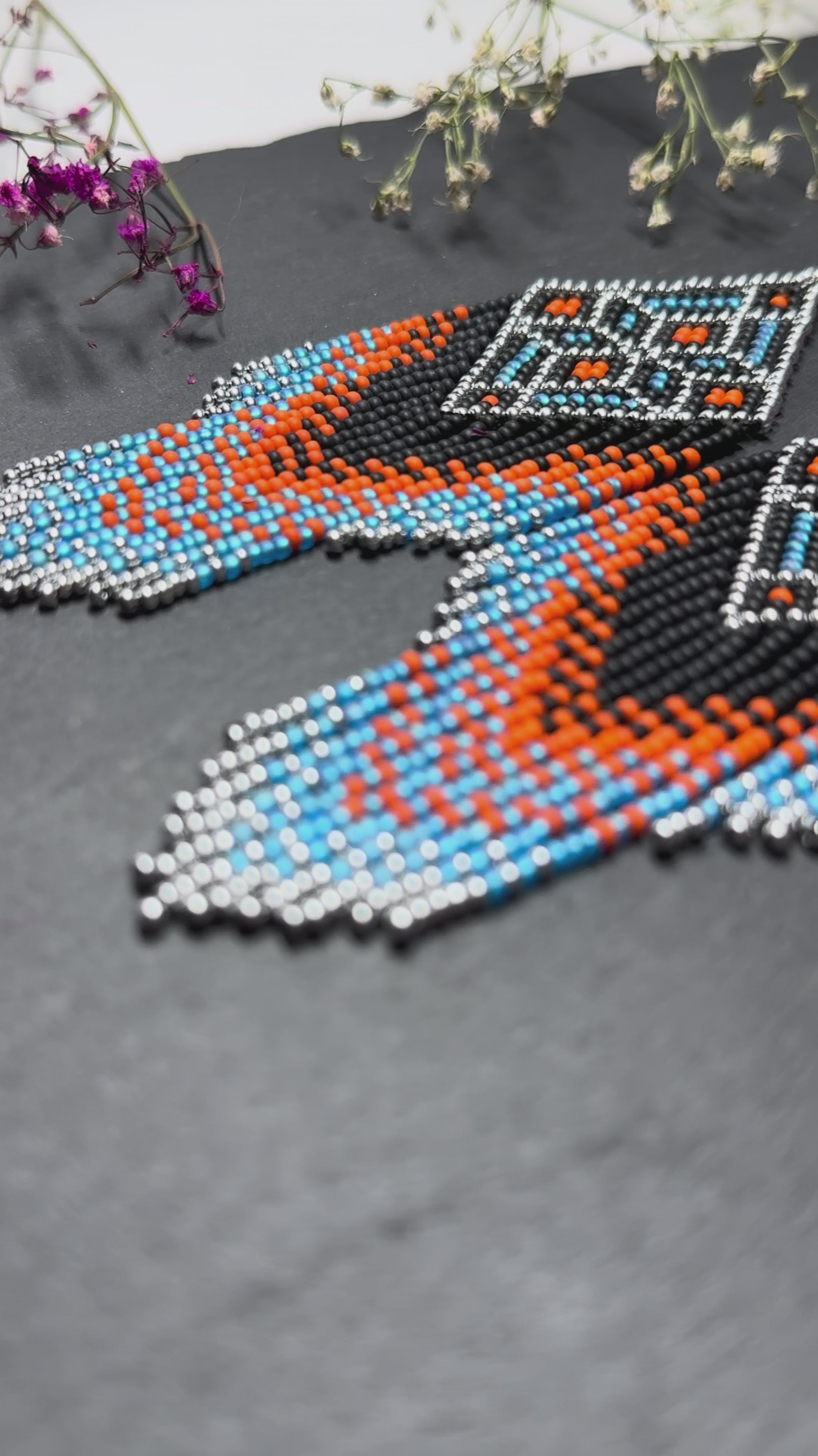 Black, blue, silver and orange beaded fringe earrings in boho and Native American style. Handmade statement earrings, unique colorful ethnic jewelry video 1