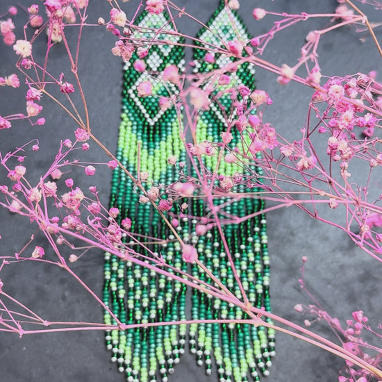 Unique handmade long green beaded fringe earrings with Native American motif. Boho statement jewelry, tribal style, ethnic earrings for women, perfect gift video 1