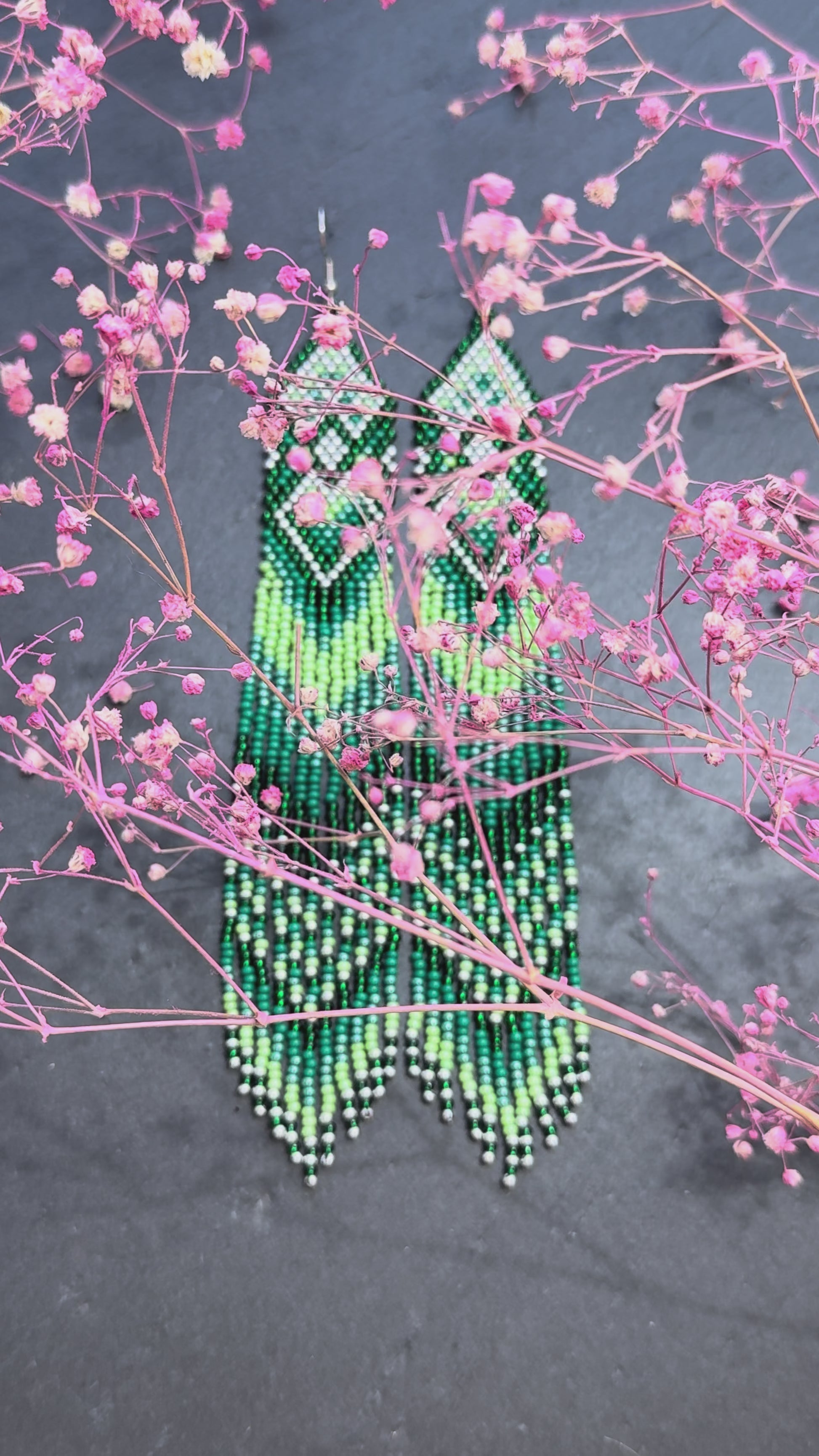 Unique handmade long green beaded fringe earrings with Native American motif. Boho statement jewelry, tribal style, ethnic earrings for women, perfect gift video 1