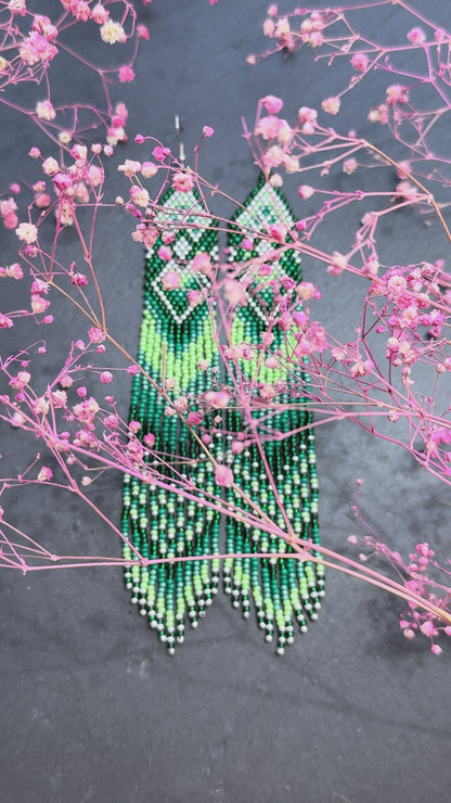 Unique handmade long green beaded fringe earrings with Native American motif. Boho statement jewelry, tribal style, ethnic earrings for women, perfect gift video 1